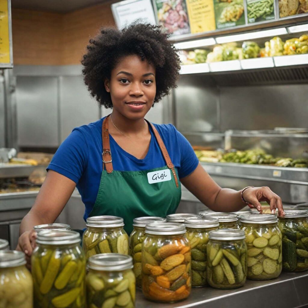 Subway employee introducing Anthony Vizoso to all sorts of pickles